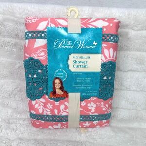 The Pioneer Woman Shower Curtain 72x72 Coral Mazie Medallion NEW Crochet Trim